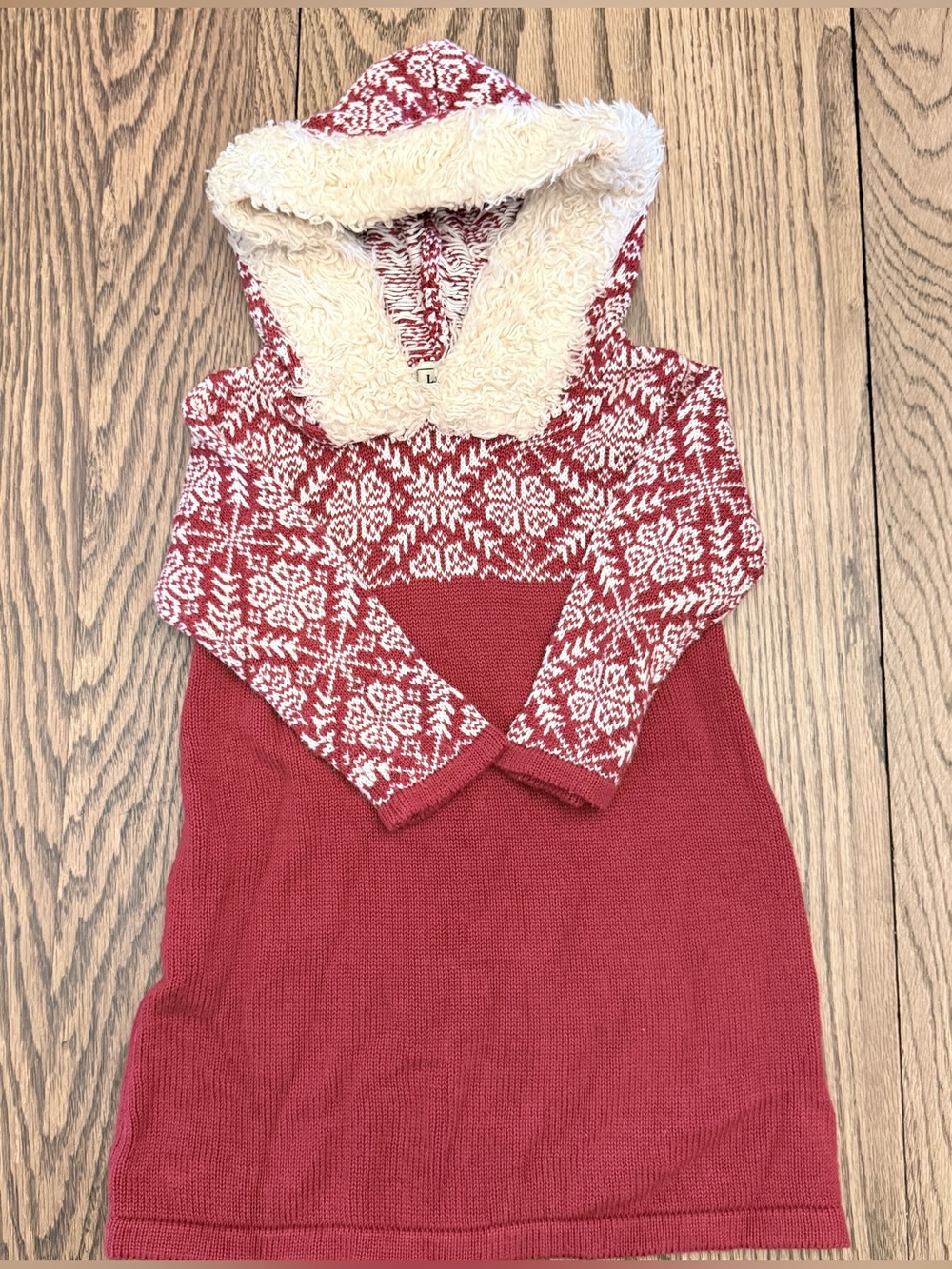 LL Bean Toddler Girls Size 2T Red Snowflake Hooded Sweater Dress